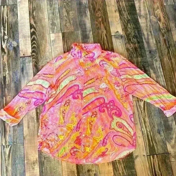 Women’s Lauren Ralph Lauren pink paisley button down shirt blouse size large - Picture 1 of 7